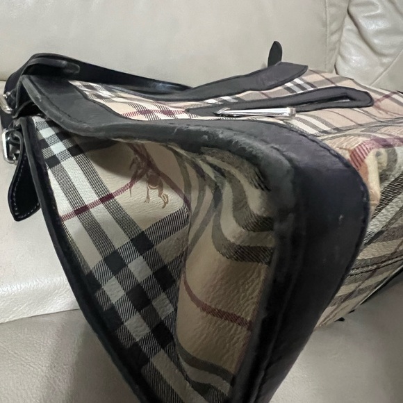 Burberry Brown/Beige Haymarket PVC and Leather Kensington Baguette Bag